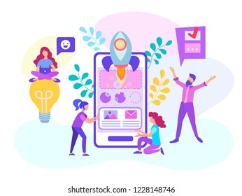 Start up of a mobile application, creation of a mobile online project, work in a team of web designers, programmers and analysts. Vector illustration for social media, advertising posters, blogging.