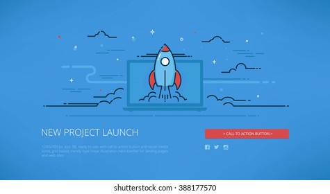 Start up modern line vector illustration for web banners, hero images, web sites and landing pages with call to action button and social media icons. Ready for use.