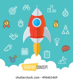 Start Up Motivation Concept Rocket Fly in Sky Flat Design Style. Vector illustration of Business Start Innovation Achievement