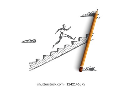 Start, motivation, forward, HCI, automation concept. Hand drawn robot is running up the stairs concept sketch. Isolated vector illustration.
