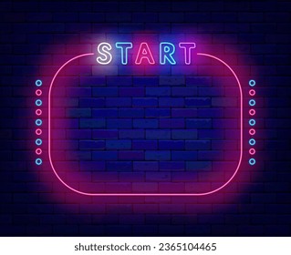 Start neon banner with space for text. Performance opening, Night show advertising. Game design. Pink frame with circles. Competition and concert. Glowing poster. Vector stock illustration