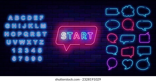 Start neon label. Speech bubbles frames set. Game begining sign. Arrow symbol. Simple inscription. Glowing advertising. Game design. Virtual reality. Shiny blue alphabet. Vector stock illustration
