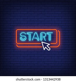 Start neon sign. Online game button on brick wall background. Vector illustration in neon style for banners, posters, web design