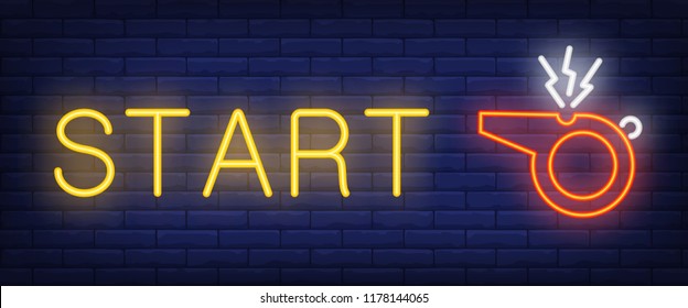 Start neon sign. Referee whistle on brick wall background. Vector illustration in neon style for live streaming or football game