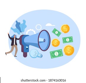 Start up new business announcement income money concept. Vector flat graphic simple illustration