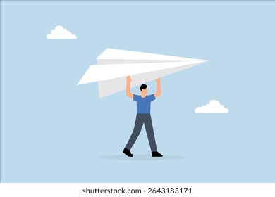 Start new business, determined entrepreneur who introduces massive origami paper airplane.