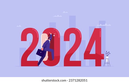 Iniciar un nuevo objetivo de negocio en el concepto de 2024, hombre de negocios caminando hacia la metáfora de 2024 nuevos retos, meta y carrera o negocio