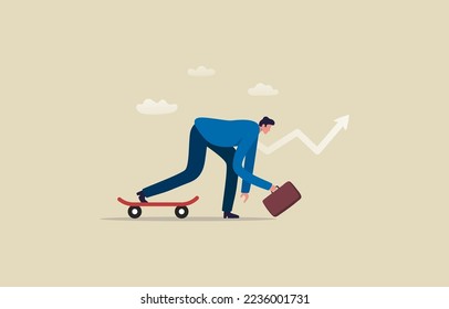 Start a new business or a new job. Start up growth in finance or career path. Determination to win. Businessman ready at starting point and skateboard. Illustration