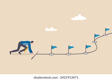 Start new business journey, career milestones or achievement, ready to win or overcome challenge, entrepreneurship to achieve goals or target concept, businessman ready to run on business milestones.