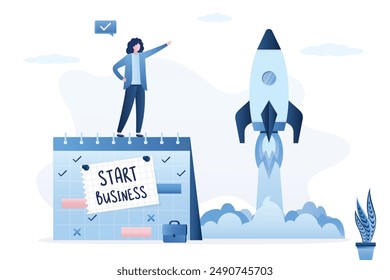 Start new business, launch startup or product. Begin innovative project, entrepreneur start company. Schedule with start date of business. Successful businesswoman launch rocket. Calendar start date.