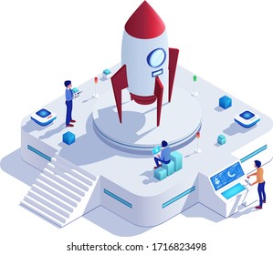 Start new business, launching rocket by people characters concept and vector illustration on white background. Male and female characters, business startup and work analysis. Isometric 3d style.