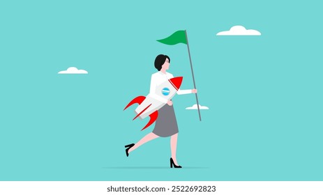 start new business with leadership skill, try new opportunities for success, new strategy to reach goal, businesswoman carrying a rocket and flag as a symbol of launching a new business and its target
