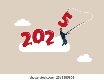 Start new business, overcome business difficulty. Creativity and innovation. Businessman catching 2025 on fishing rod.  Flat vector illustration