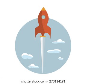 Start up new business project with rocket and clouds image, vector eps10 illustration