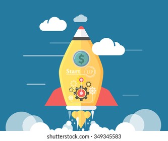 Start up new business project, take off of a business or project or extraterrestrial travel. Start up business concept design. Start up new business project or idea, startup presentation poster 