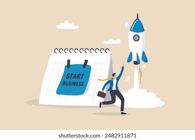 Start new business, quit full time job, startup launch company or product, begin innovative project, entrepreneur start small company concept, businessman launch rocket with calendar start date.