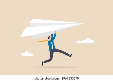 Start new business, startup or entrepreneurship, creativity and inspiration to achieve business success concept, ambitious businessman running about to throwing to launch big paper airplane origami.