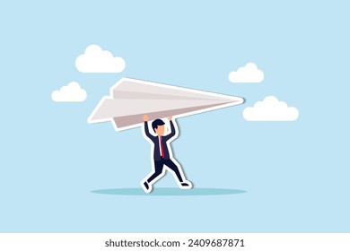 Start new business, startup or entrepreneurship, creativity and inspiration to achieve business success concept, ambitious businessman running about to throwing to launch big paper airplane origami.