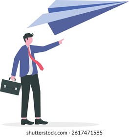 Start new business,Businessman launching paper airplane into the sky. startup or entrepreneurship

