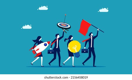 Start a new company. Businessman holding a red flag. Holding a rocket. Light bulb concept and target plan. entrepreneurship