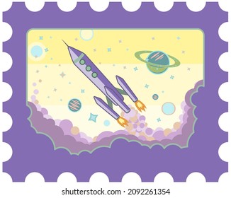 The start of new discoveries. A graphic illustration on a space theme. Image of a postage stamp, emblem with a starting rocket on it in bubbles. Delicate sugar bubbles fly in different directions.
