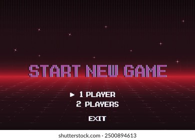 START NEW GAME .1 player. pixel art .8 bit game. retro game. for game assets in vector illustrations. Retro Futurism Sci-Fi Background. glowing neon grid. and stars from vintage arcade comp.