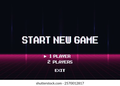 START NEW GAME. 1 player. pixel art .8 bit game. retro game. for game assets .Retro Futurism Sci-Fi Background. glowing neon grid. and stars from vintage arcade computer games