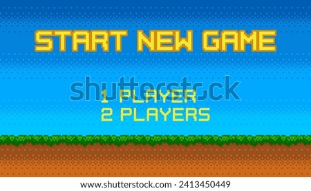 Start New Game background with player selection. 8-bit game. Retro arcade style menu. Green grass against blue sky. Vector illustration GUI.