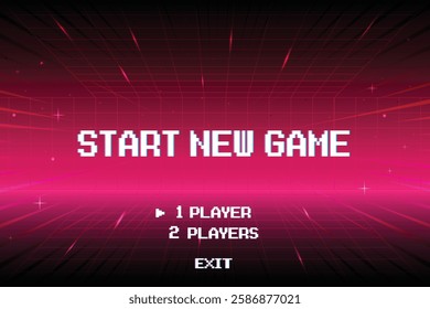 Start new game by selecting a player or exiting the game's main menu. Modern trendy game background with lighting effect. pixel art 8-bit. Vector illustration