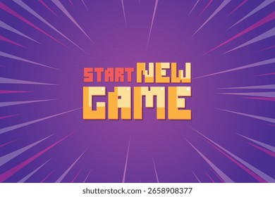 Ícone INICIAR NOVO JOGO em fundo roxo. pixel art. jogo de 8 bits. jogo retrô. para os recursos do jogo em ilustrações vetoriais. Linhas de velocidade. Pop-art