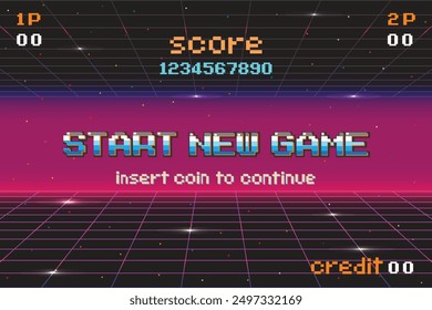 START NEW GAME. insert coin to continue. pixel art .8 bit game. retro game. for game assets in vector illustrations.