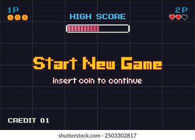 START NEW GAME. insert coin to continue. pixel art .8 bit game. retro game. for game assets in vector illustrations.