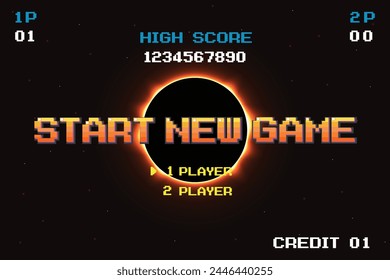 START NEW GAME. pixel art .8 bit game. retro game. for game assets in vector illustrations. Solar Eclipse Illustration background. Total solar eclipse vector illustration