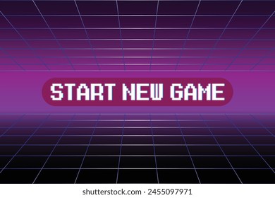 START NEW GAME . pixel art .8 bit game. retro game. for game assets .Retro Futurism Sci-Fi Background. glowing neon grid. and stars from vintage arcade computer games