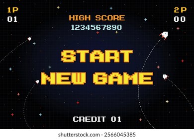 START NEW GAME. pixel art .8 bit game. retro game. for game assets .Retro Futurism Sci-Fi Background. glowing neon grid. and stars from vintage arcade computer games