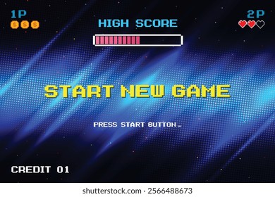 START NEW GAME. pixel art .8 bit game. retro game. Retro Futurism Sci-Fi Background. glowing neon grid. and stars from vintage arcade computer games