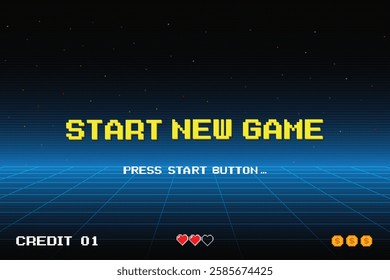START NEW GAME. pixel art .8 bit game. retro game. for game assets .Retro Futurism Sci-Fi Background. glowing neon grid. and stars from vintage arcade computer games