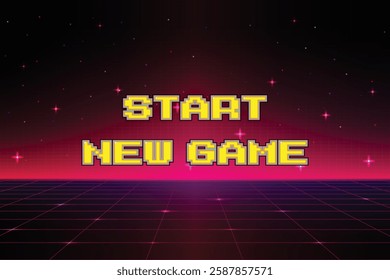 START NEW GAME. pixel art .8 bit game. retro game. for game assets in vector illustrations. Retro Futurism Sci-Fi Background. glowing neon grid. and stars from vintage arcade comp.