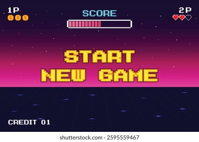 START NEW GAME. pixel art. 8 bit game. retro game. for game assets .Retro Futurism Sci-Fi Background. glowing neon grid. and stars from vintage arcade computer games