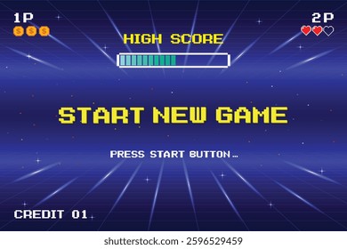 START NEW GAME. pixel art. 8 bit game. Retro Futurism Sci-Fi Background. glowing neon grid. and stars from vintage arcade computer games