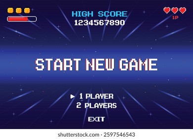 START NEW GAME. pixel art. 8 bit game. Retro Futurism Sci-Fi Background. glowing neon grid. and stars from vintage arcade computer games