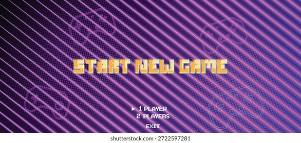 COMIENZA EL NUEVO JUEGO. pixel art 8 bit. Fondo de ciencia ficción de futurismo retro. rejilla de neón brillante. y estrellas de juegos de computadora arcade vintage