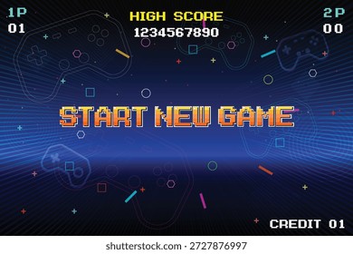 COMIENZA EL NUEVO JUEGO. pixel art 8 bit para activos de juego en Ilustraciones vectoriales.	