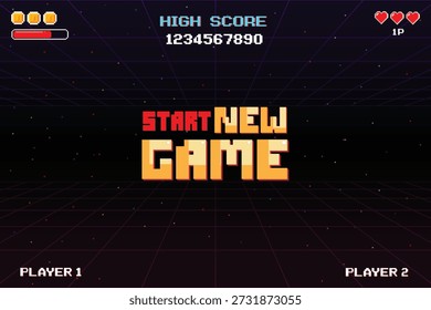 START NEW GAME. pixel art 8 bit for game assets in vector illustrations.
