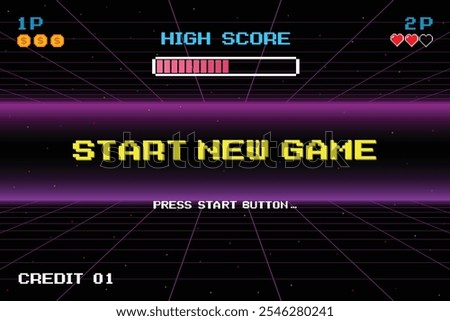 START NEW GAME. pixel art. 8 bit game. retro game. for game assets in vector illustrations.