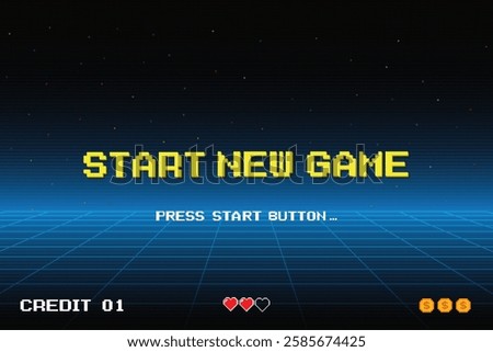 START NEW GAME. pixel art .8 bit game. retro game. for game assets .Retro Futurism Sci-Fi Background. glowing neon grid. and stars from vintage arcade computer games