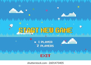 start new game, pixel game background, nature landscape with blue sky and white clouds, 8 bit pixel video game, arcade interface and stars, computer game