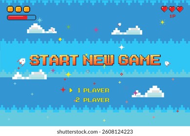 start new game, pixel game background, nature landscape with blue sky and white clouds, 8 bit pixel video game, arcade interface and stars, computer game