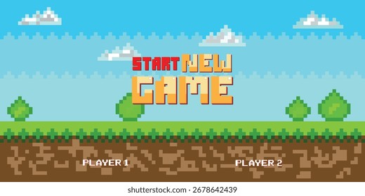 Start new game. pixel game background, natural landscape with blue sky, trees and green grass. Pixelated 8 bit video-game. Arcade interface with golden cup and stars. Computer game victory.