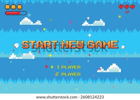 start new game, pixel game background, nature landscape with blue sky and white clouds, 8 bit pixel video game, arcade interface and stars, computer game